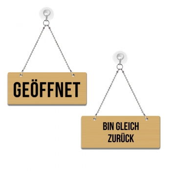 Geöffnet / Bin gleich zurück! - Graviertes Wendeschild in Druckschrift
