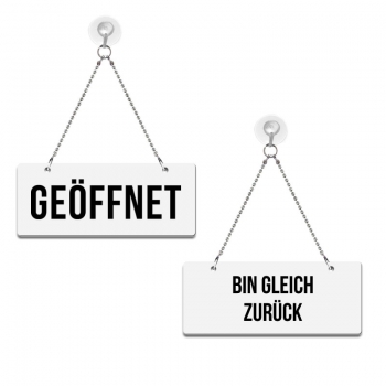 Geöffnet / Bin gleich zurück! - Graviertes Wendeschild in Druckschrift