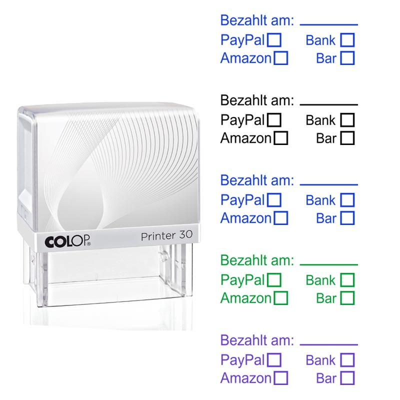 Bezahlt am: Bank, PayPal, Amazon, Bar