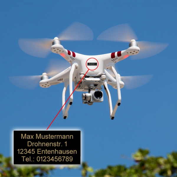 Drohne Namensschild Kennzeichnung Adressschilder Flugzeug  40x15mm inkl Gravur 